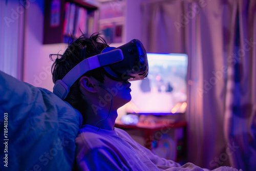 A person wearing VR glasses, completely immersed in a digital world, the room around them dimly lit and forgotten