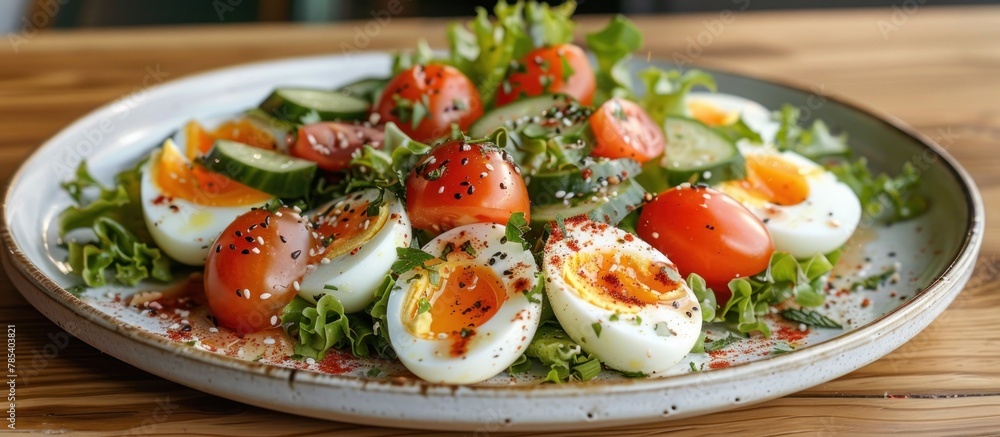 A plate of salad featuring vibrant hard boiled eggs and juicy tomatoes, ready to be enjoyed for a nutritious meal. A plate of salad featuring vibrant hard boiled eggs and juicy tomatoes, ready to be enjoyed for a nutritious meal.