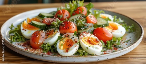 A plate of salad featuring vibrant hard boiled eggs and juicy tomatoes, ready to be enjoyed for a nutritious meal.