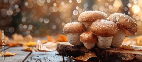 A group of brown mushrooms resting on top of a wooden table, showcasing their unique shapes and textures against the rustic backdrop.