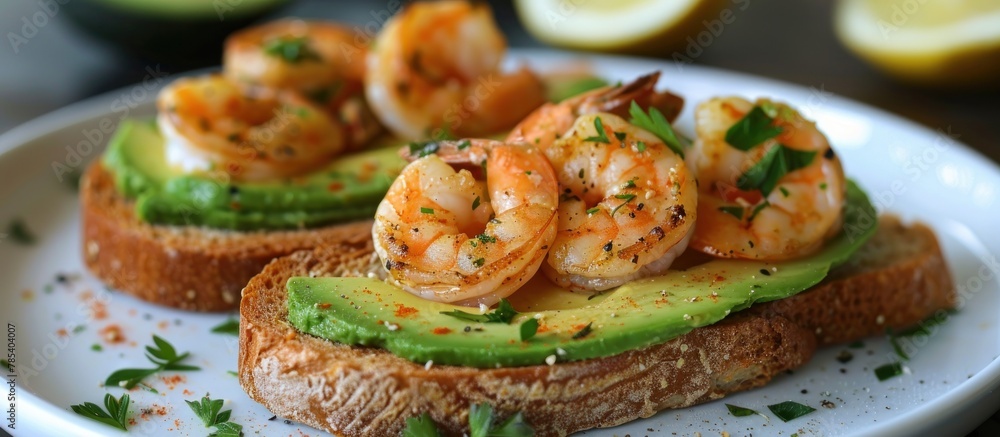 A sandwich with shrimp and avocado slices neatly arranged on a white plate. A sandwich with shrimp and avocado slices neatly arranged on a white plate.