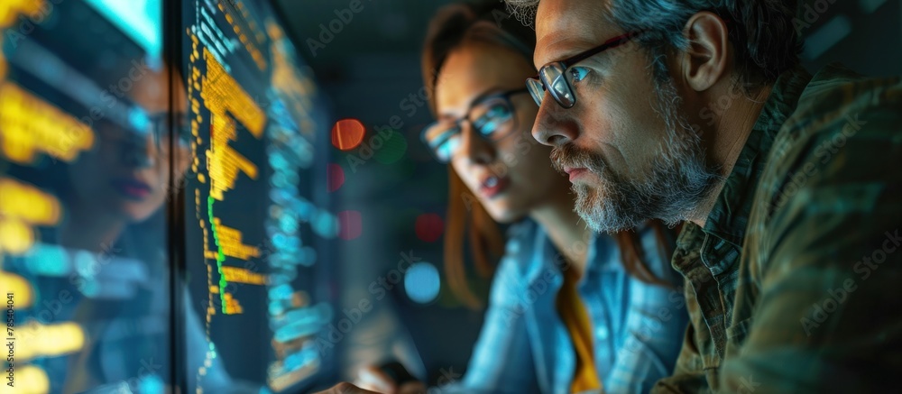 Obraz premium A group of engineers gathered around a computer screen, intensely analyzing lines of code. Their expressions focused and determined as they discuss the digital information before them.