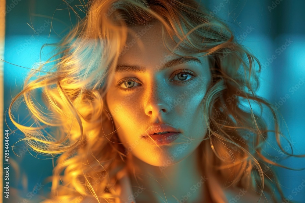 Beautiful Blonde Woman with Blue Eyes Posing in front of a Vibrant Blue Background Portrait Photo Shoot