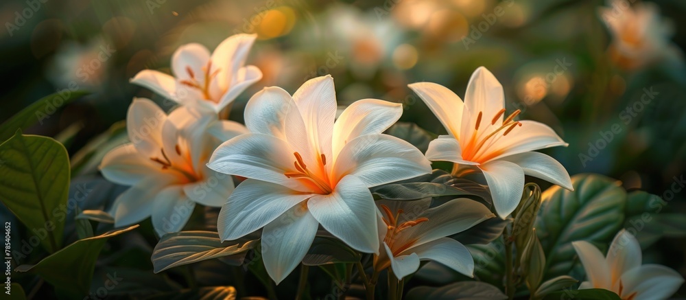 Fototapeta premium Group of elegant white flowers with vibrant orange centers surrounded by lush green leaves in a natural setting.