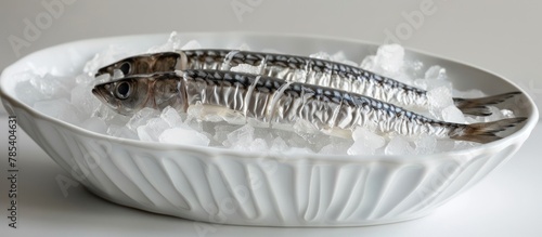 Two sardines are resting on a bed of ice inside a white bowl on a wooden table.