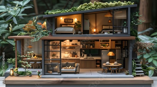 Tiny Haven: A Cozy Miniature Home Amidst Greenery. Concept Tiny Homes, Miniature Decor, Cozy Interiors, Greenery, Home Design