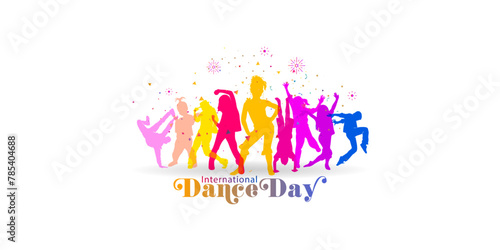 Vector illustration of Dance Day Theme. International Dance Day text with young youth boy girl children kids dance background.