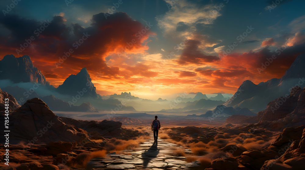 Fantasy alien planet. Mountain and sky. 3D illustration.