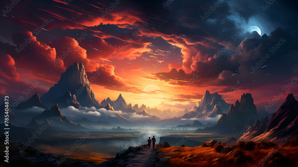Fantasy landscape with mountains and fog. 3d render illustration.