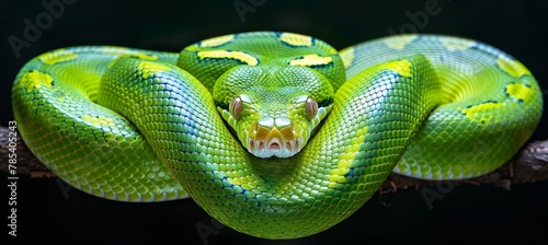 Fototapeta Naklejka Na Ścianę i Meble -  Detailed close up of a vibrant emerald serpent in the lush tropical jungle environment