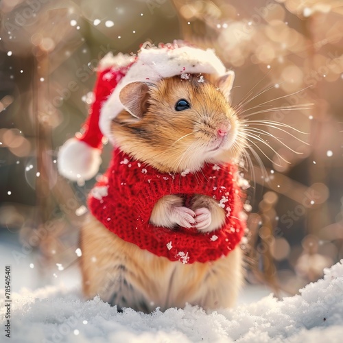 A hamster dressed in a Santa hat and scarf standing in the snow