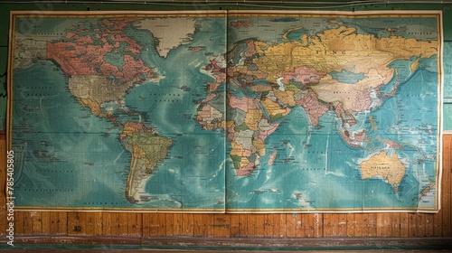 World Map: A photo of a world map on a classroom wall