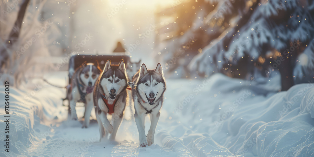 Huskies pulling an empty wagon through the snow. Cute dogs in a sled ...