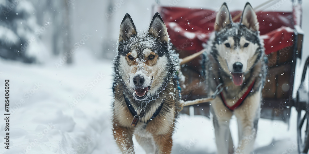 Huskies pulling an empty wagon through the snow. Cute dogs in a sled pulling a sled in the north.