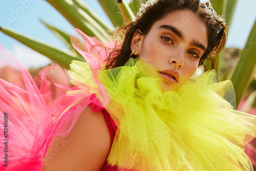 Close up portrait of a woman in bright yellow and pink tulle dress standing amidst giant cacti with magenta spines. Fashion editorial.