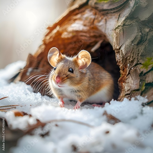Mysz wychodząca z norki zimą