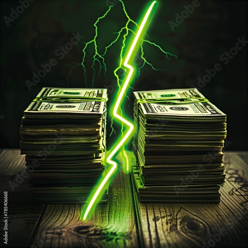 Banknoty ułożone w dwóch stosach oraz zielona błyskawica