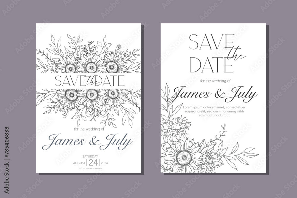 Line Art Sunflowers Wedding Invitation template, Outline Sunflowers Minimalist Wedding Stationery, Sunflowers Wedding