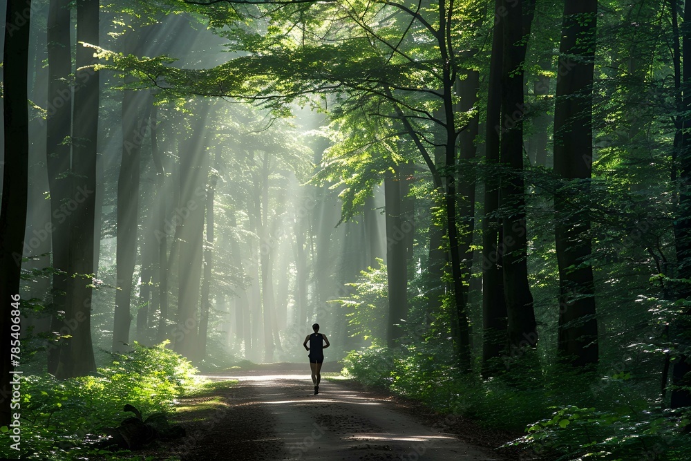 Mężczyzna biegnący przez las w świetle promieni słonecznych - obrazy, fototapety, plakaty 