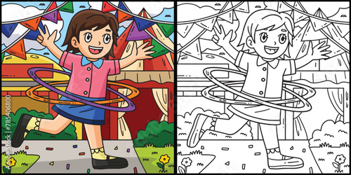 Circus Child and Hula Hoop Coloring Illustration