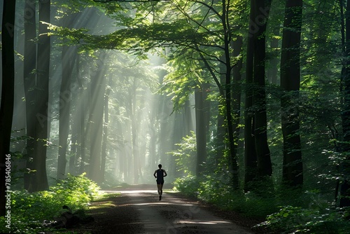 Mężczyzna biegnący przez las w świetle promieni słonecznych photo