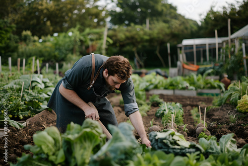 Anonymous chef harvesting fresh vegetables on a farm in daylight