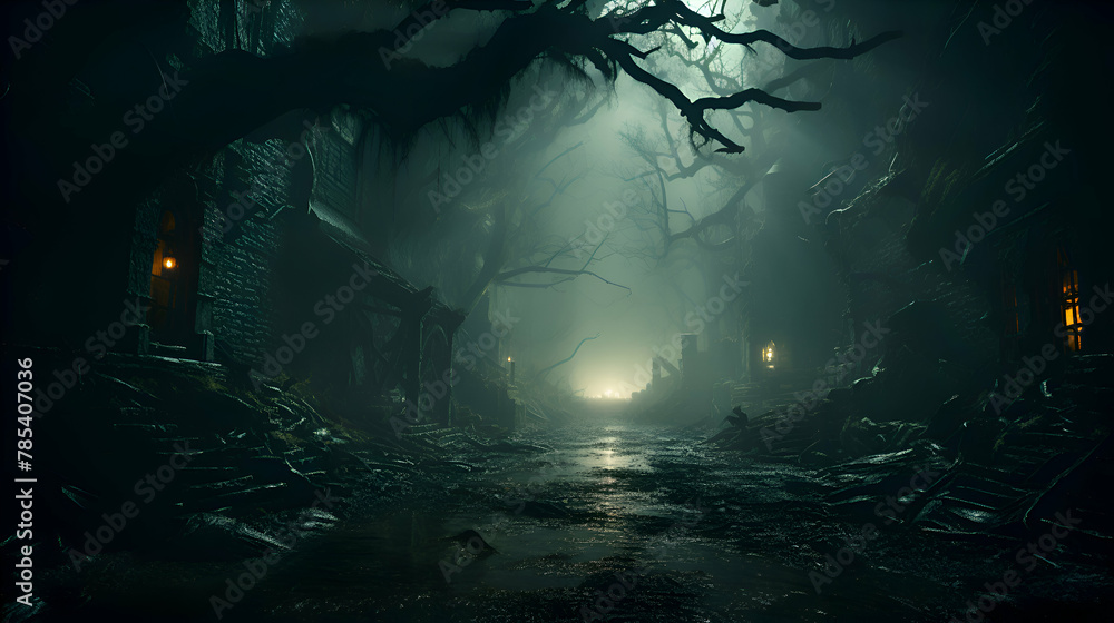 Scary halloween spooky dark forest. Horror Halloween concept.