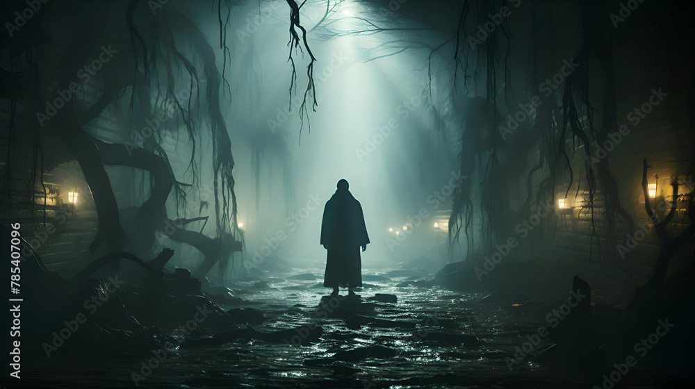 Frightened woman in a dark forest at night. Halloween concept Frightened woman in a dark forest at night. Halloween concept