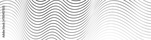 Black wavy lines that go from thin to thick. Striped waves drawn in ink. Abstract geometric background with monochrome water surface texture. Vector illustration of diagonal curved lines © A_Y_N