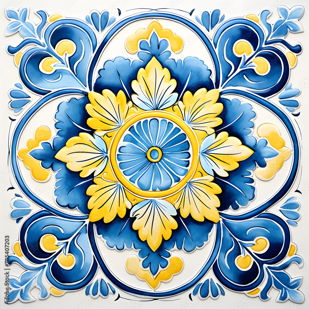 Pattern of azulejos tiles. Rustic blue and yellow tile watercolor seamless pattern. Pattern of azulejos tiles. Rustic blue and yellow tile watercolor seamless pattern.