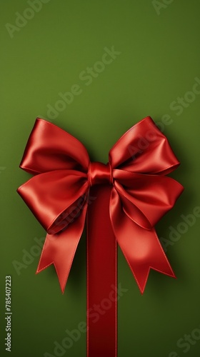 Red ribbon with bow on olive background, Christmas card concept. Space for text. Red and Olive Background