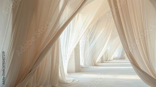 Flowing white curtains fill the space with a soft  serene glow  suggesting a peaceful  dreamlike atmosphere within an airy room.