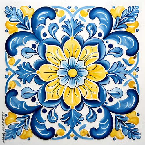 Pattern of azulejos tiles. Rustic blue and yellow tile watercolor seamless pattern.