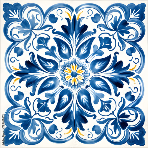 Pattern of azulejos tiles. Rustic blue and yellow tile watercolor seamless pattern.