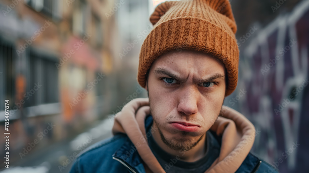 Young man frowns into the camera, his discontent clear against the backdrop of an urban, graffitied wall. Young man frowns into the camera, his discontent clear against the backdrop of an urban, graffitied wall.