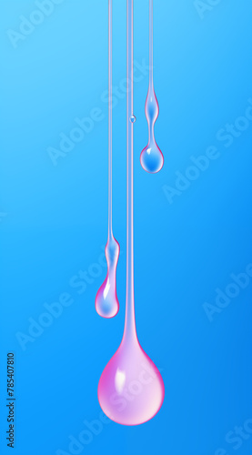 Pink drops of water on blue background. Abstract concept.