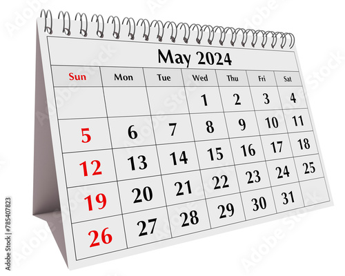 May 2024 calendar. Page of the annual business desk month calendar isolated on transparent png