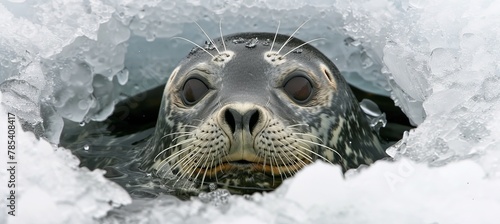 Antarctic seal gracefully swimming in icy waters, while a sea lion relaxes on the frozen ice © Ilja