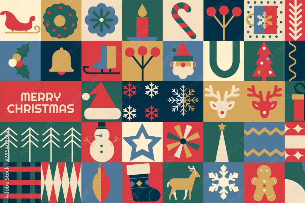 Fototapeta premium Bauhaus retro geometric pattern, background Merry Christmas