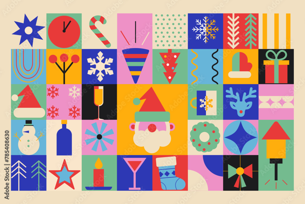 Bauhaus geometric pattern, background Merry Christmas Happy New Year