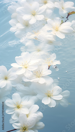 White flowers on blue water. Natural concept.