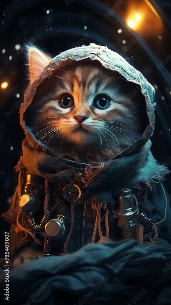 An interdimensional explorer kitten with a portalgenerating device and a multidimensional wool scarf  Color Grading Teal and Orange