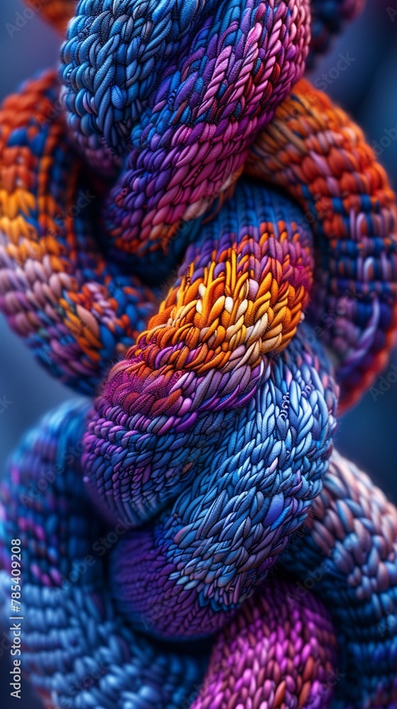 Closeup 3D render of a knot made from wool scarves, symbolizing complex human connections, with a focus on texture and depth  Color Grading Complementary Color