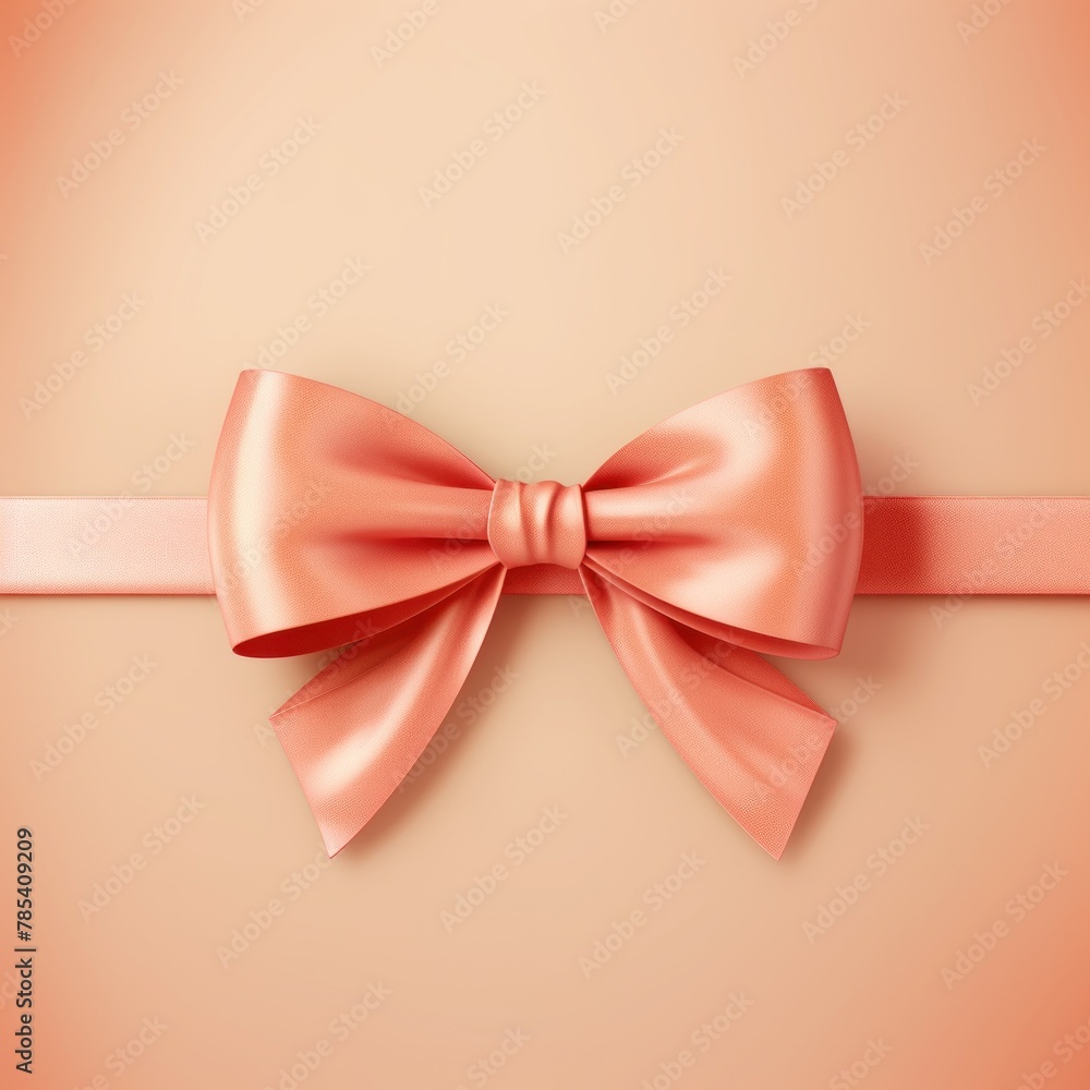 Red ribbon with bow on peach background, Christmas card concept. Space for text. Red and Peach Background