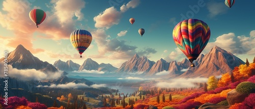 Enchanting 3D scene of a hot air balloon made of patchwork wool scarves, soaring over a dreamlike landscape Color Grading Complementary Color