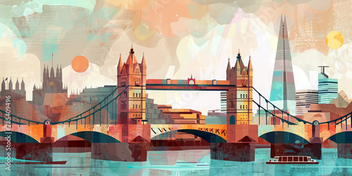 London Bridge England UK collage style illustration.