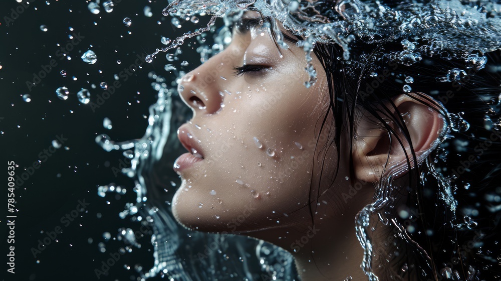 Fototapeta premium Refreshing splash on female's profile, suggesting skincare and hydration.
