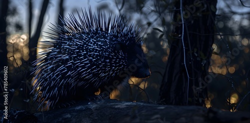 Porcupine: A porcupine captured at dusk, using low light settings to highlight its quills against a dark forest background with copy space