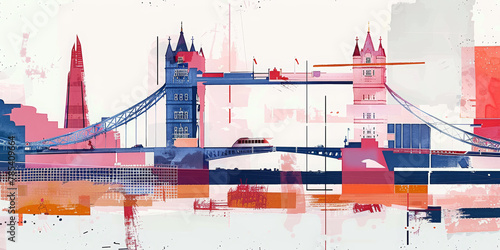 London Bridge England UK collage style illustration.