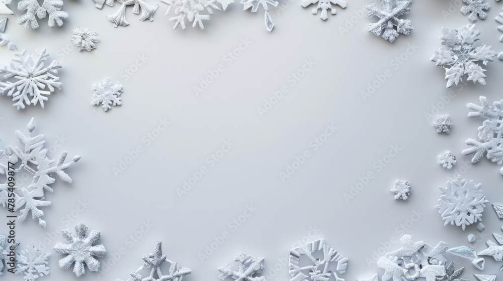 Snowy blue snowflakes border with central blank space, seasonal graphic. Snowy blue snowflakes border with central blank space, seasonal graphic.